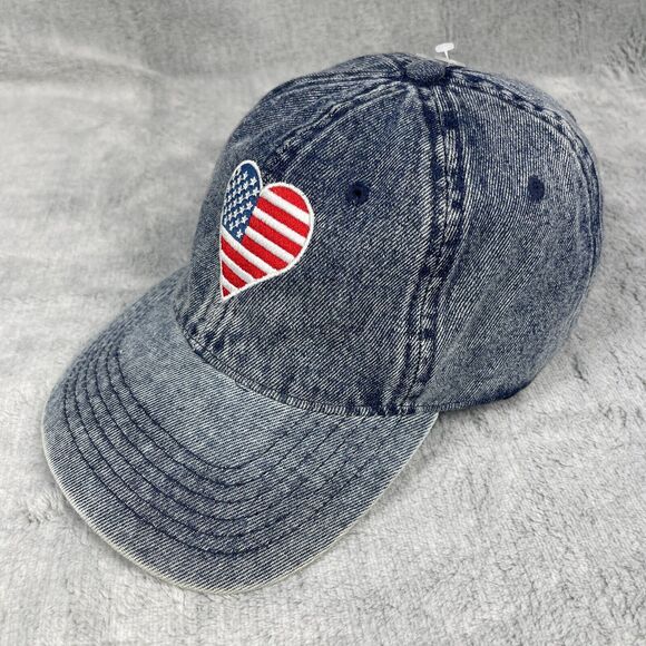 Denim Hat American Flag Heart Patch Cap Trucker Adjustable Strap Mighty Fine - Picture 4 of 8